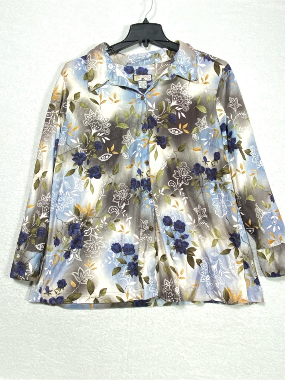 Caribbean Joe Tropical Blouse Women's 2X Floral Button Up Long Sleeve Collar